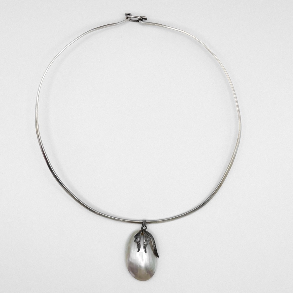 Vintage Pendant Collar Necklace, 925 Sterling Silver, Neutral Beige Celluloid